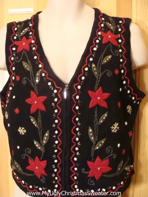 Ugly Christmas Sweater Vest with Poinsettias