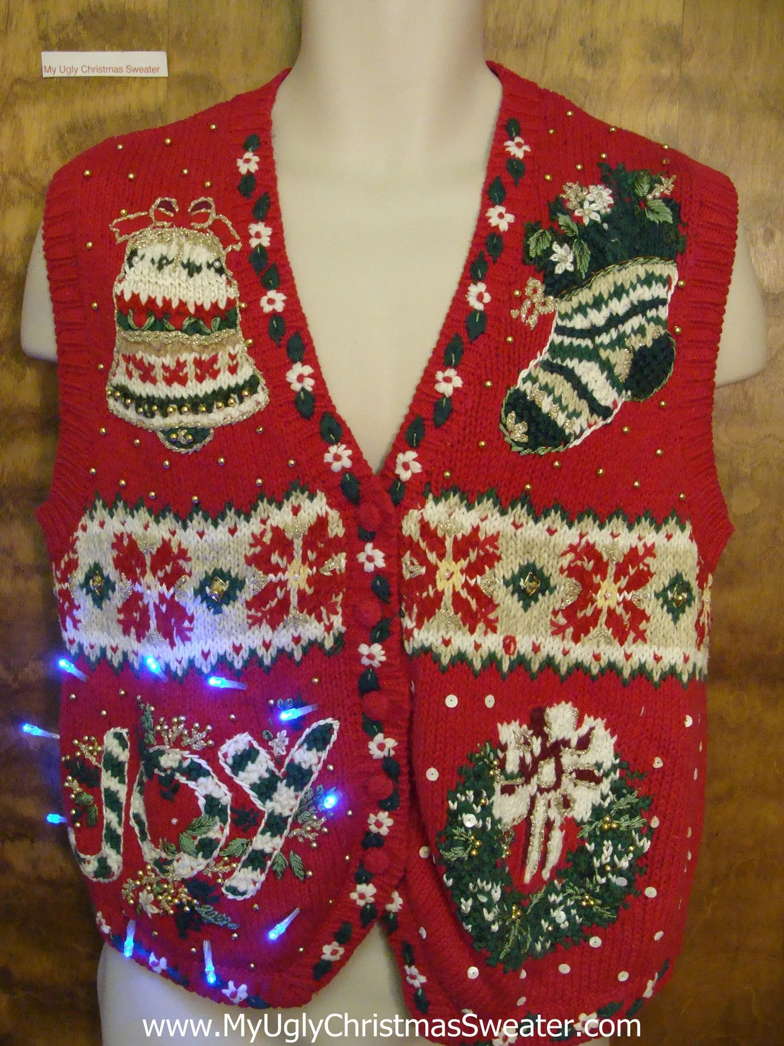 Ugly Red Christmas Sweater Vest with Lights JOY