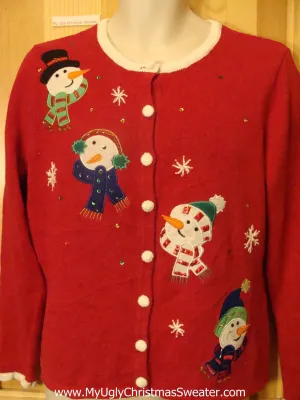 Ugly Red Christmas Sweater with Four Snowmen Heads