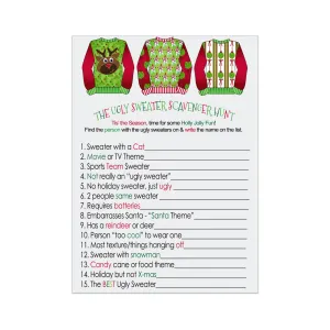 Ugly Sweater Scavenger Game for Christmas Party, Fun Holiday Scavenger Hunt Adults, Festive Fun Activity, 25 Guests, 4x6