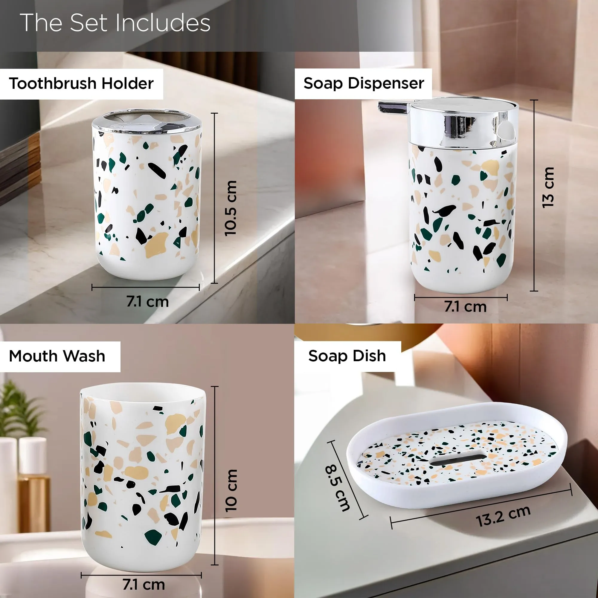 UMAI Bathroom Accessories Set | 4 Piece | Soap Dispenser for Bathroom |Tooth Brush Holder| Mouth Wash Cup | Soap Dish | for Bathroom | Attractive and Stylish Terrazzo Design | White Concrete Mix Look