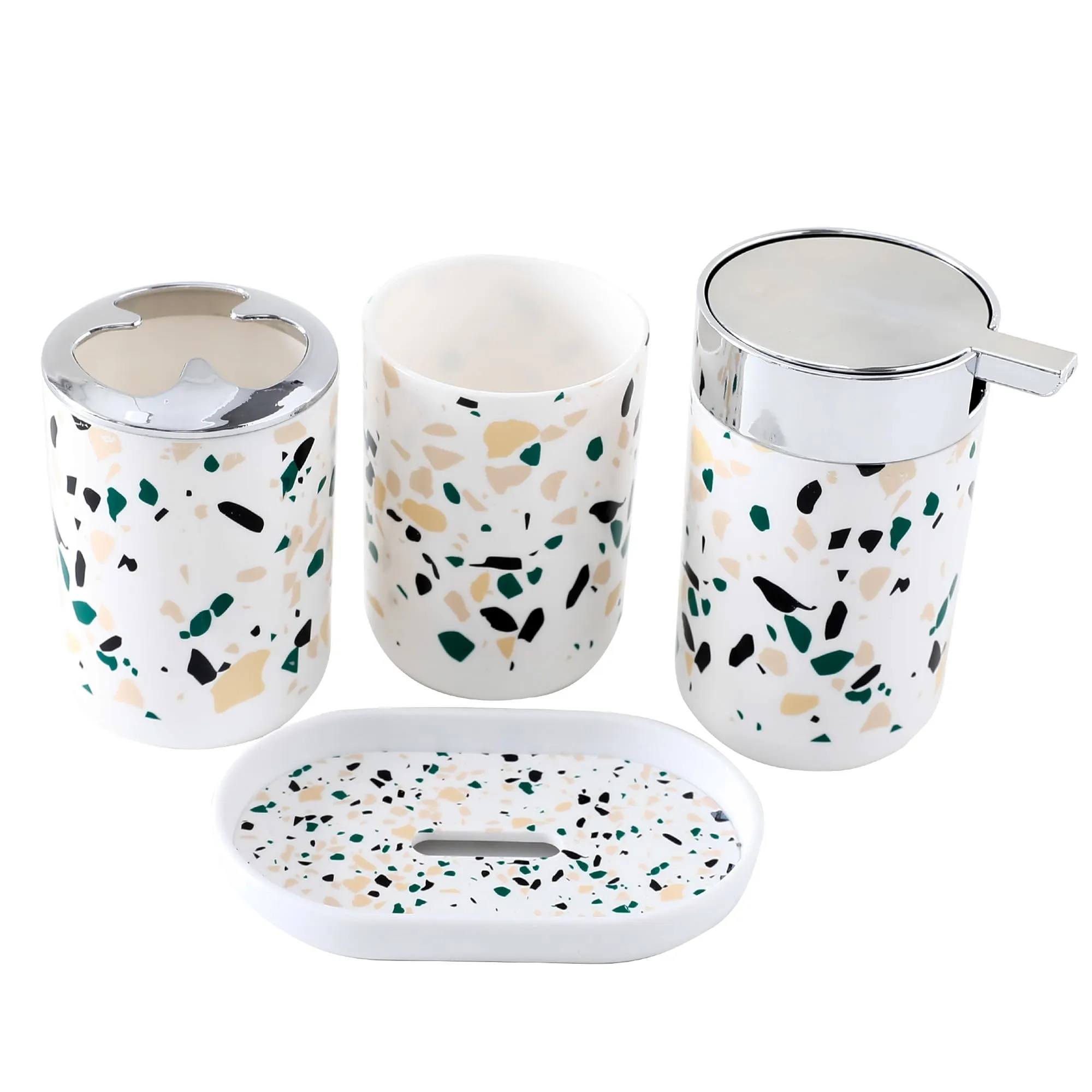 UMAI Bathroom Accessories Set | 4 Piece | Soap Dispenser for Bathroom |Tooth Brush Holder| Mouth Wash Cup | Soap Dish | for Bathroom | Attractive and Stylish Terrazzo Design | White Concrete Mix Look