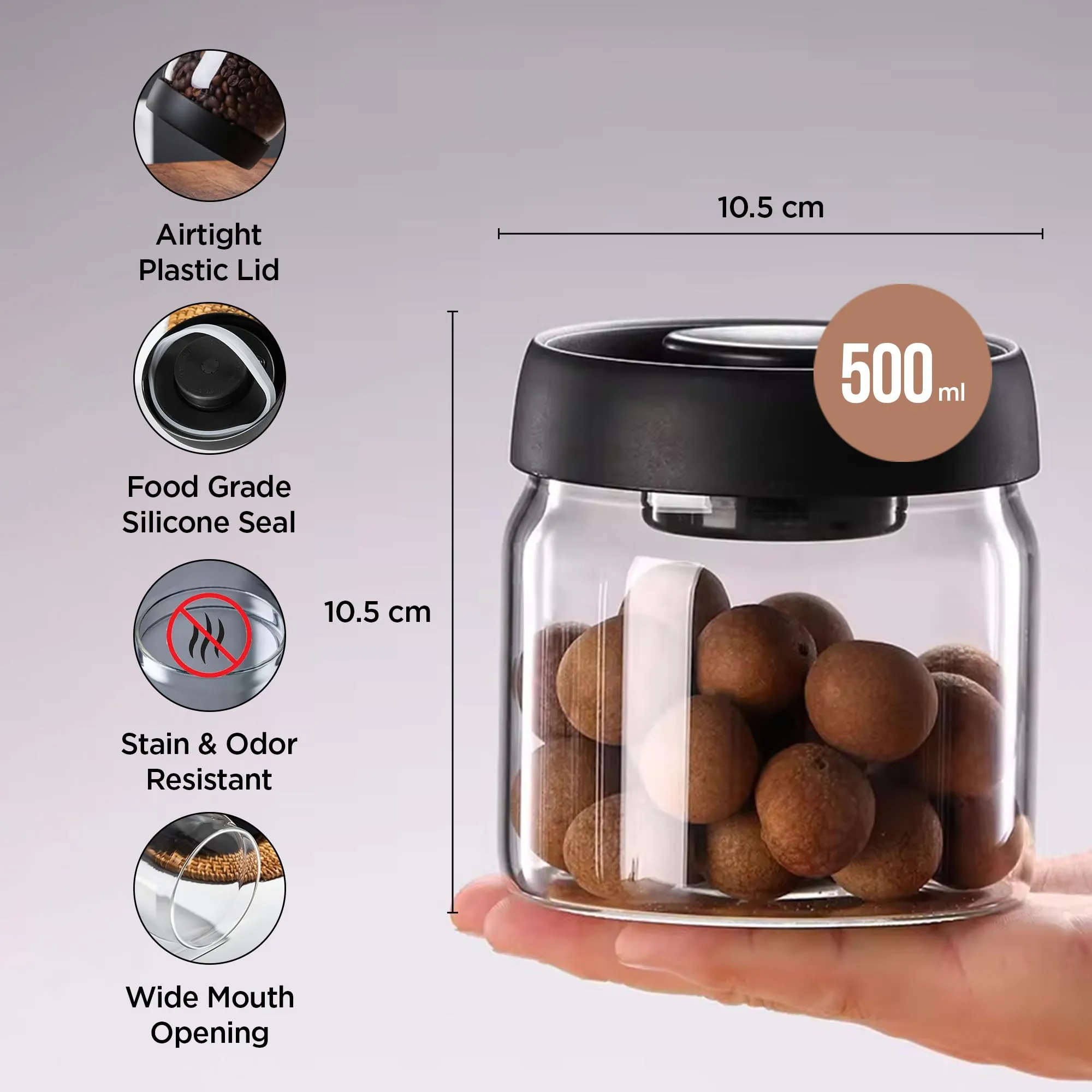 UMAI Borosilicate Glass Jars for Kitchen Storage with Vacuum Plastic lids | 500ml | Multipurpose Airtight Jars for Snacks, Cookies, Spices, Dry Fruits, Nuts, Coffee, Sugar | Transparent