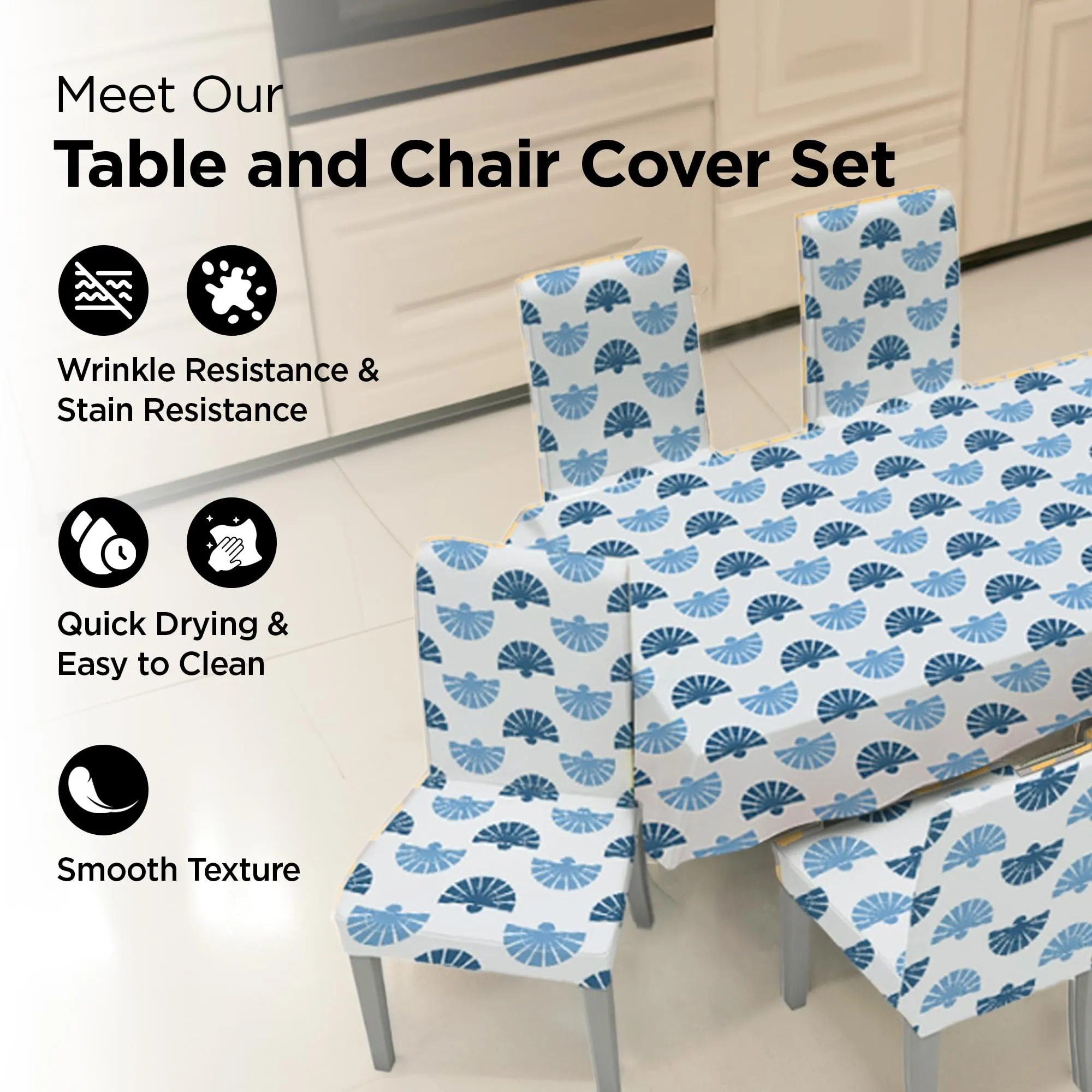 UMAI Dining Table Cloth | Dining Table Cover 4 Seater Cover Set | Water Proof Cloth Dust and Oil Repellent Washable | 4 Chairs 1 Table Cover| Printed Blue