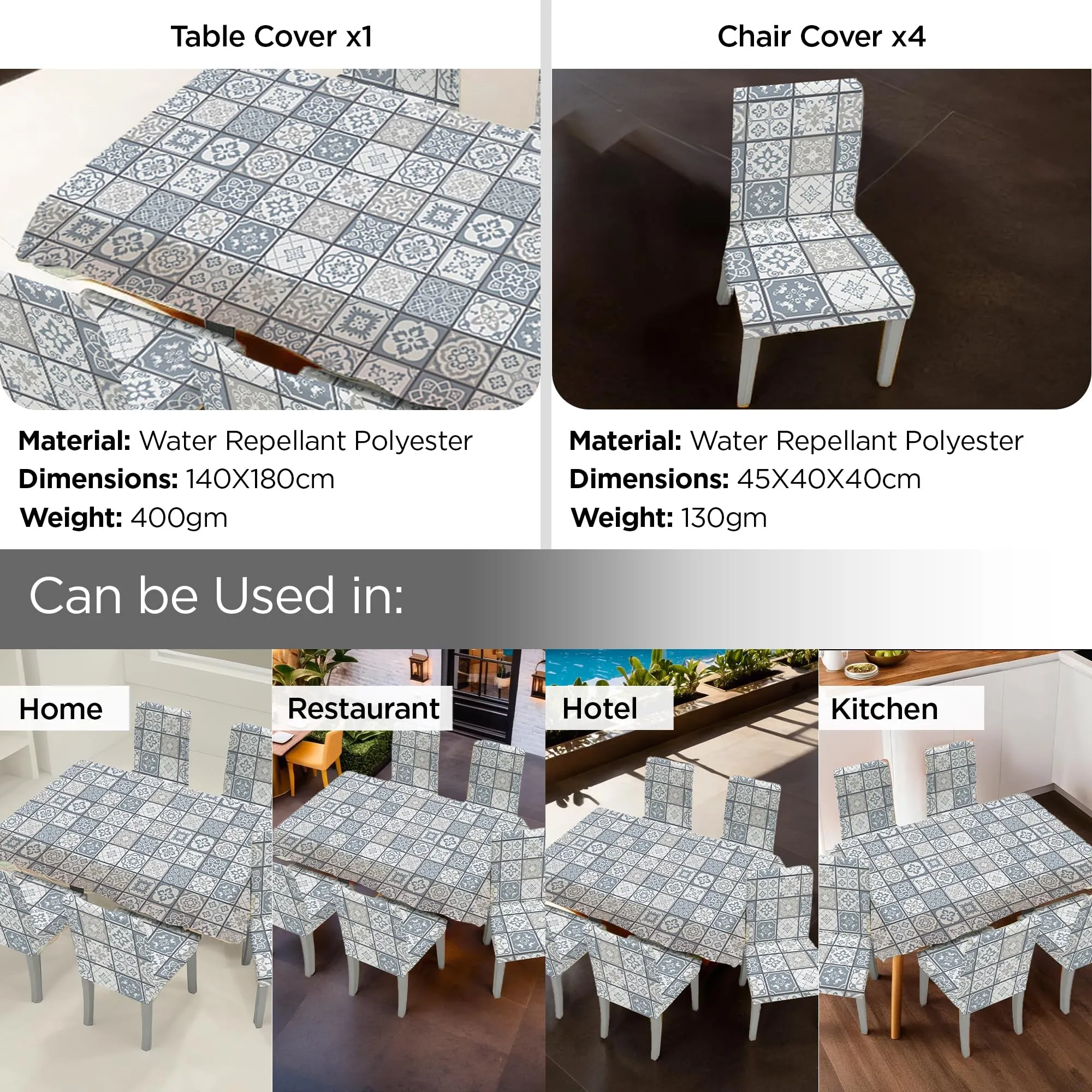 UMAI Dining Table Cloth | Dining Table Cover 4 Seater Cover Set | Water Proof Cloth Dust and Oil Repellent Washable | 4 Chairs 1 Table Cover| White and Blue