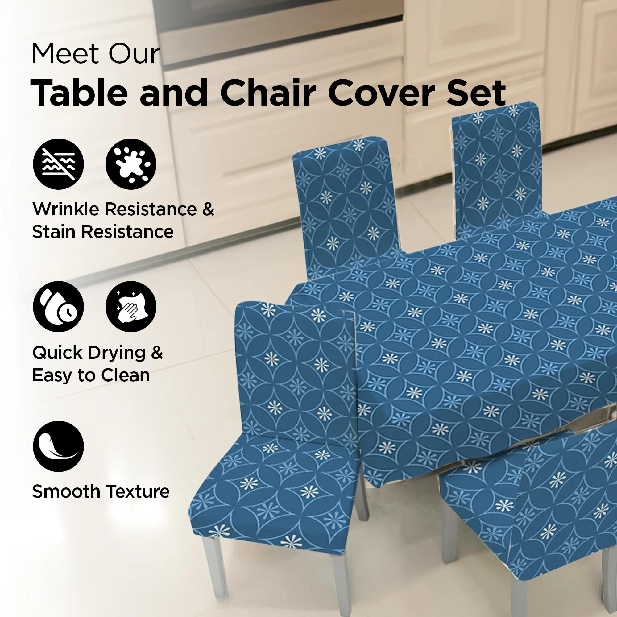 UMAI Dining Table Cloth | Dining Table Cover 6 Seater Cover Set | Water Proof Cloth Dust and Oil Repellent Washable | 6 Chairs 1 Table Cover| Blue