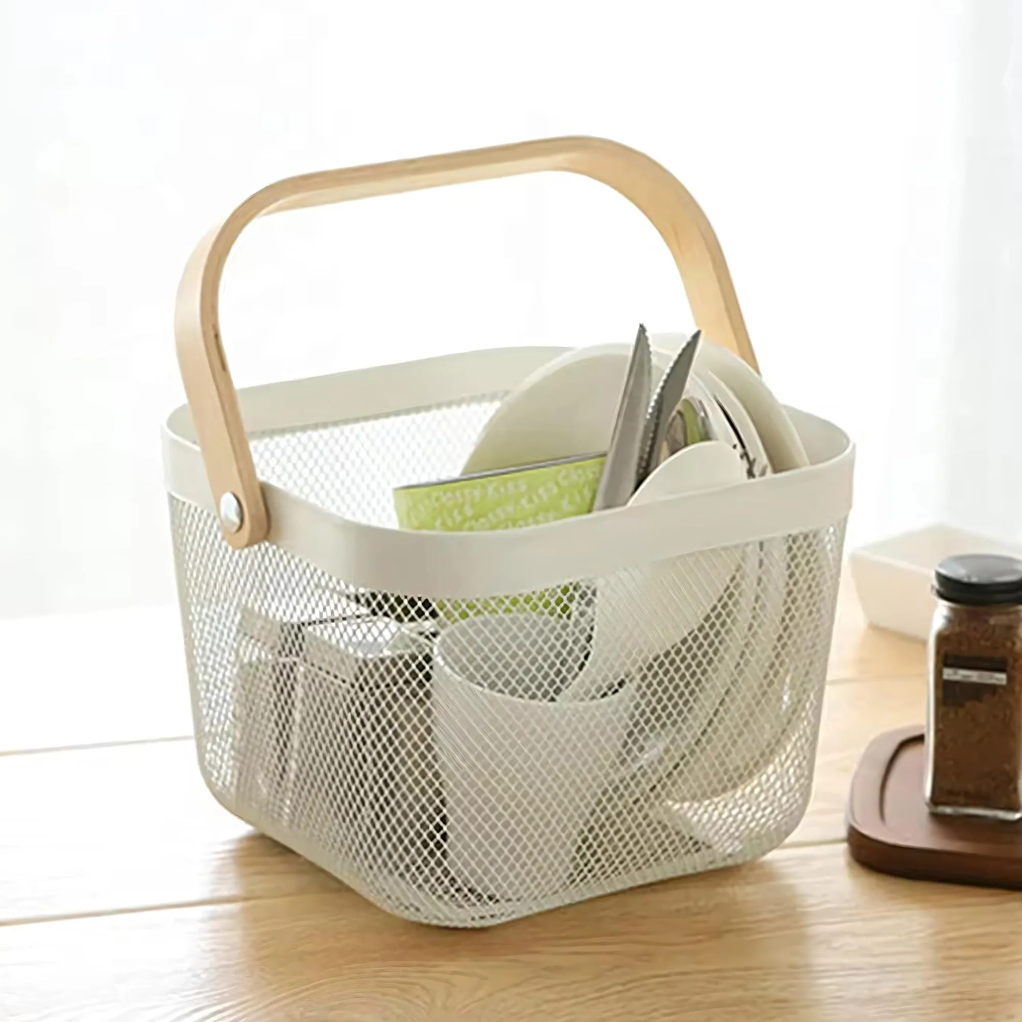 UMAI Metal Mesh Basket For Storage With Wooden Handle | White - 11L (480g) | Storage Baskets | Fruit Basket | Storage Organizer For Home | Basket For Clothes | Picnic Basket