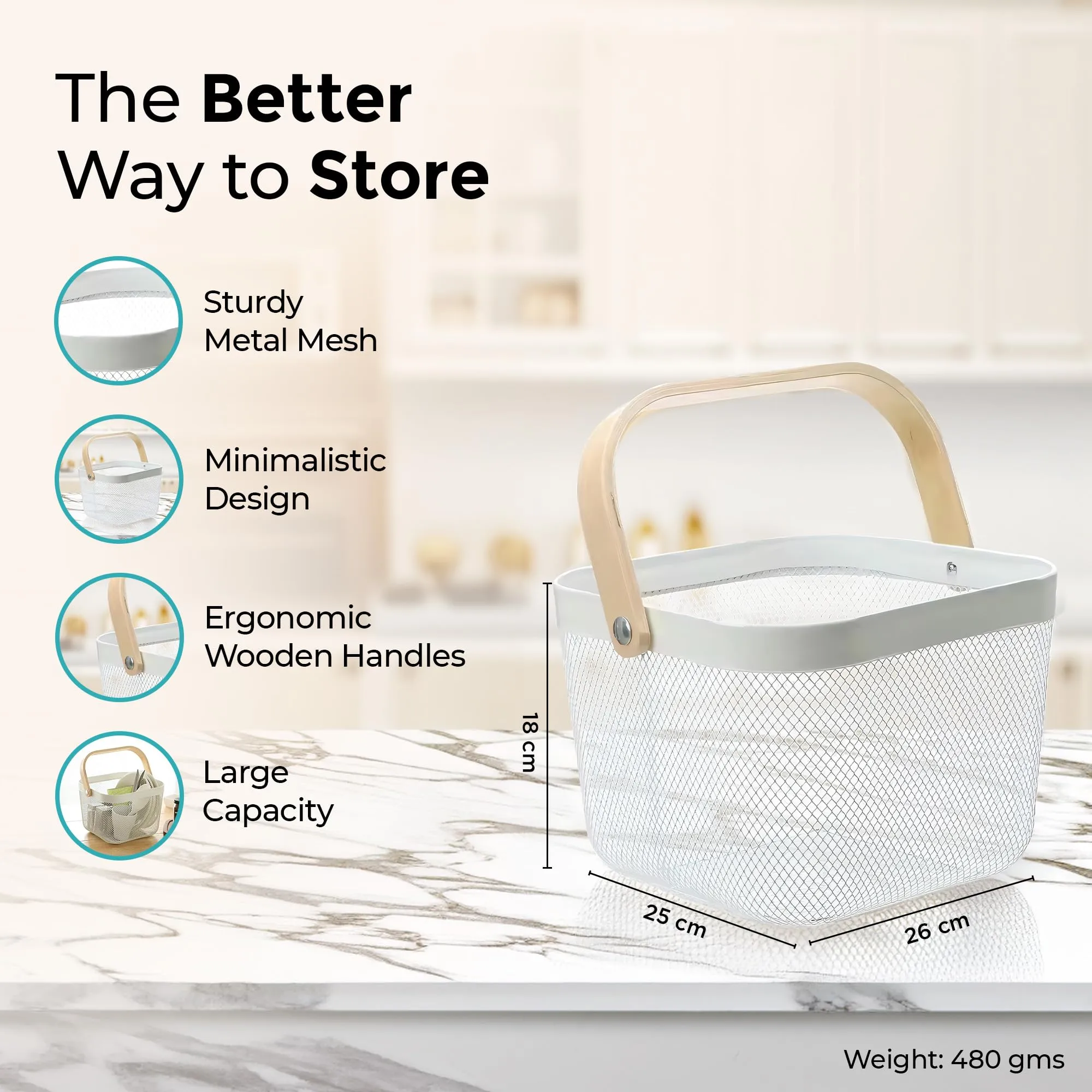 UMAI Metal Mesh Basket For Storage With Wooden Handle | White - 11L (480g) | Storage Baskets | Fruit Basket | Storage Organizer For Home | Basket For Clothes | Picnic Basket