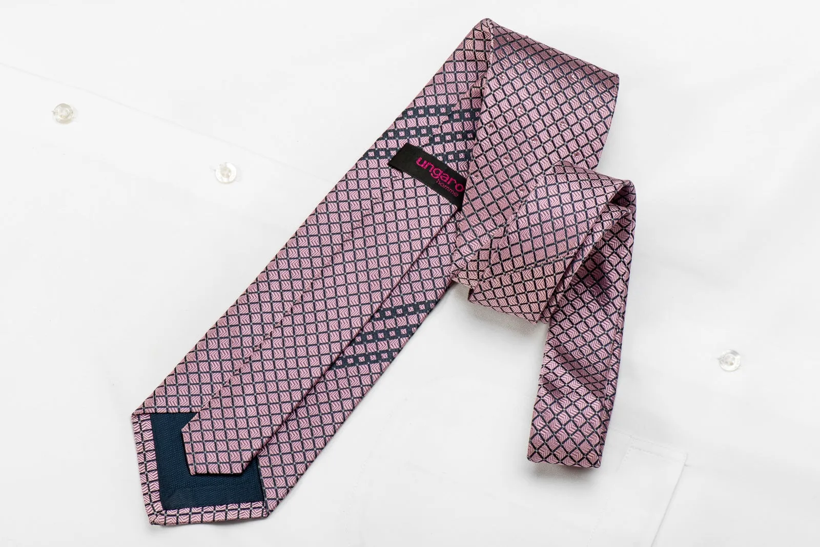 Ungaro Men's Crystal Silk Necktie Navy Trellis On Pink With Silver Sparkles