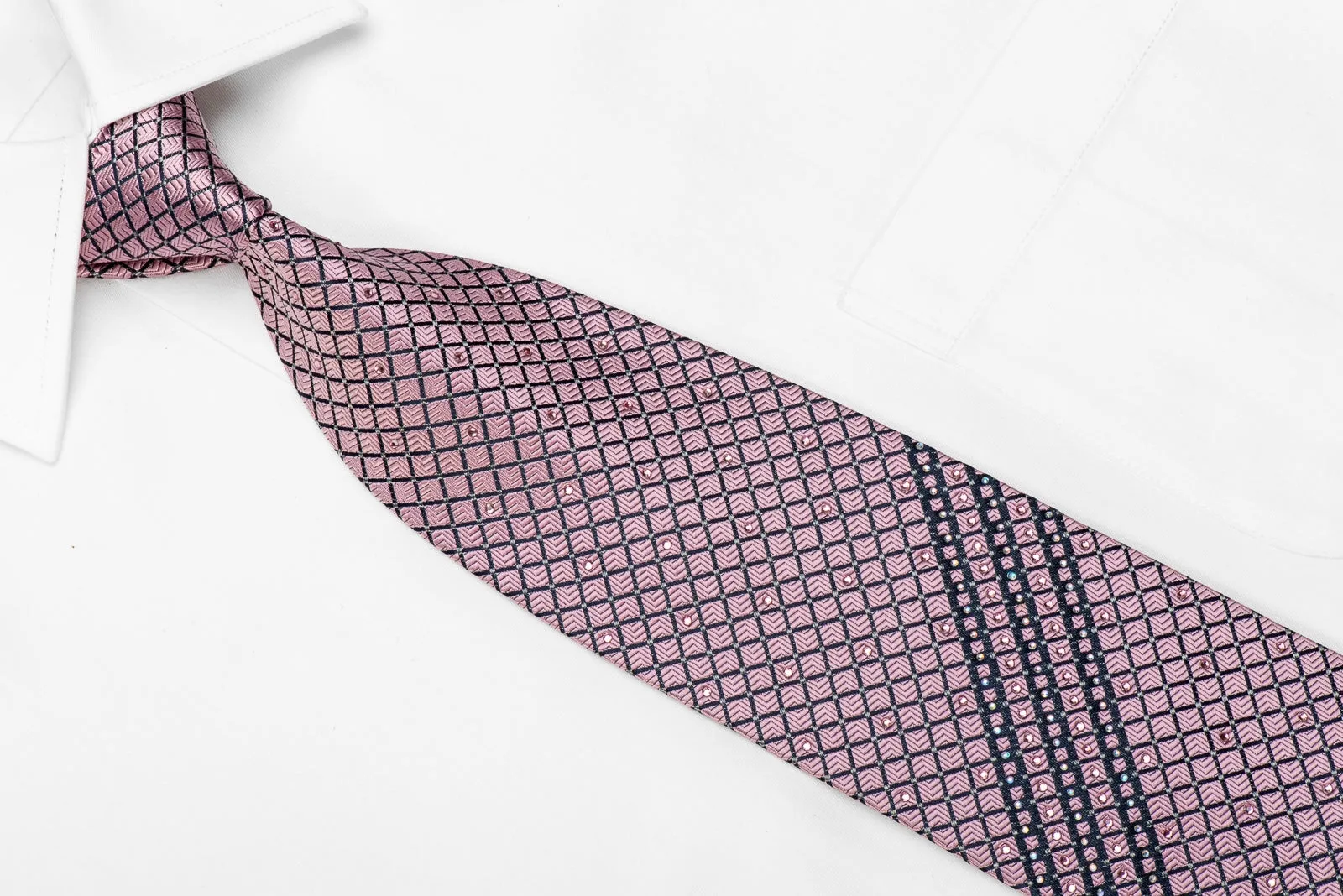 Ungaro Men's Crystal Silk Necktie Navy Trellis On Pink With Silver Sparkles