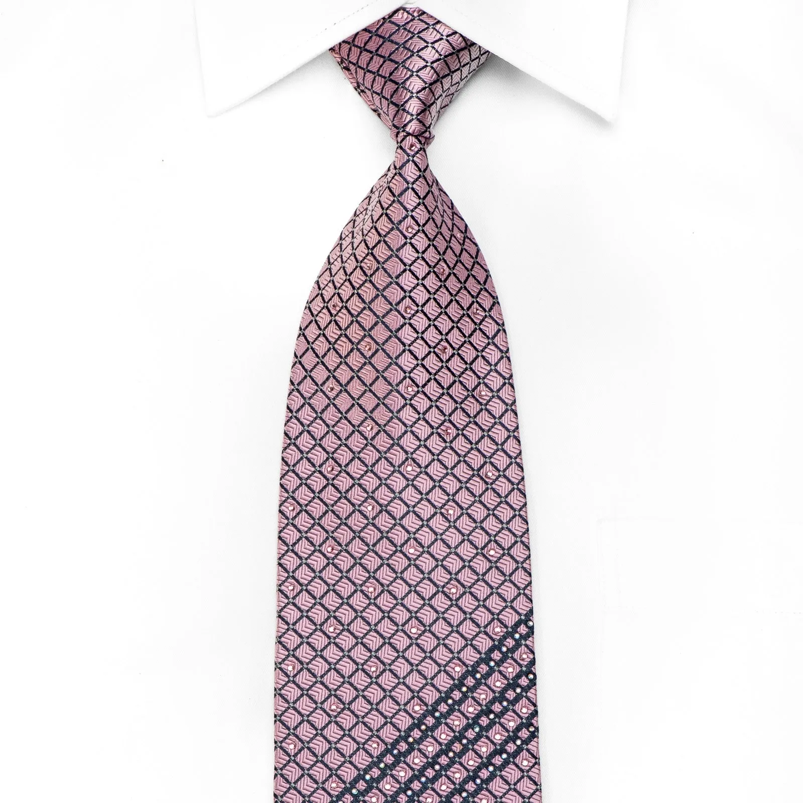 Ungaro Men's Crystal Silk Necktie Navy Trellis On Pink With Silver Sparkles