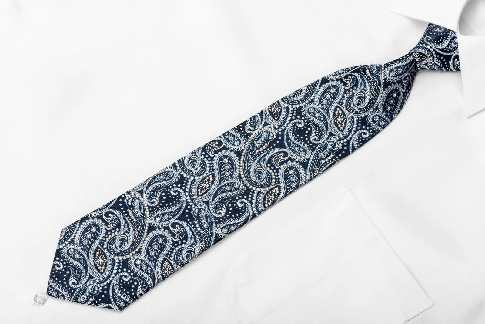 Ungaro Men's Crystal Silk Necktie Paisley On Blue Sparkling With Rhinestones