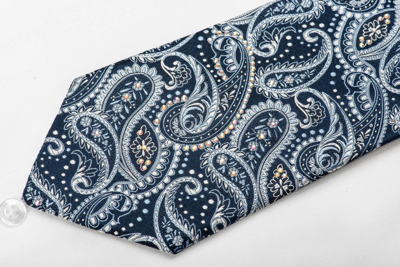 Ungaro Men's Crystal Silk Necktie Paisley On Blue Sparkling With Rhinestones