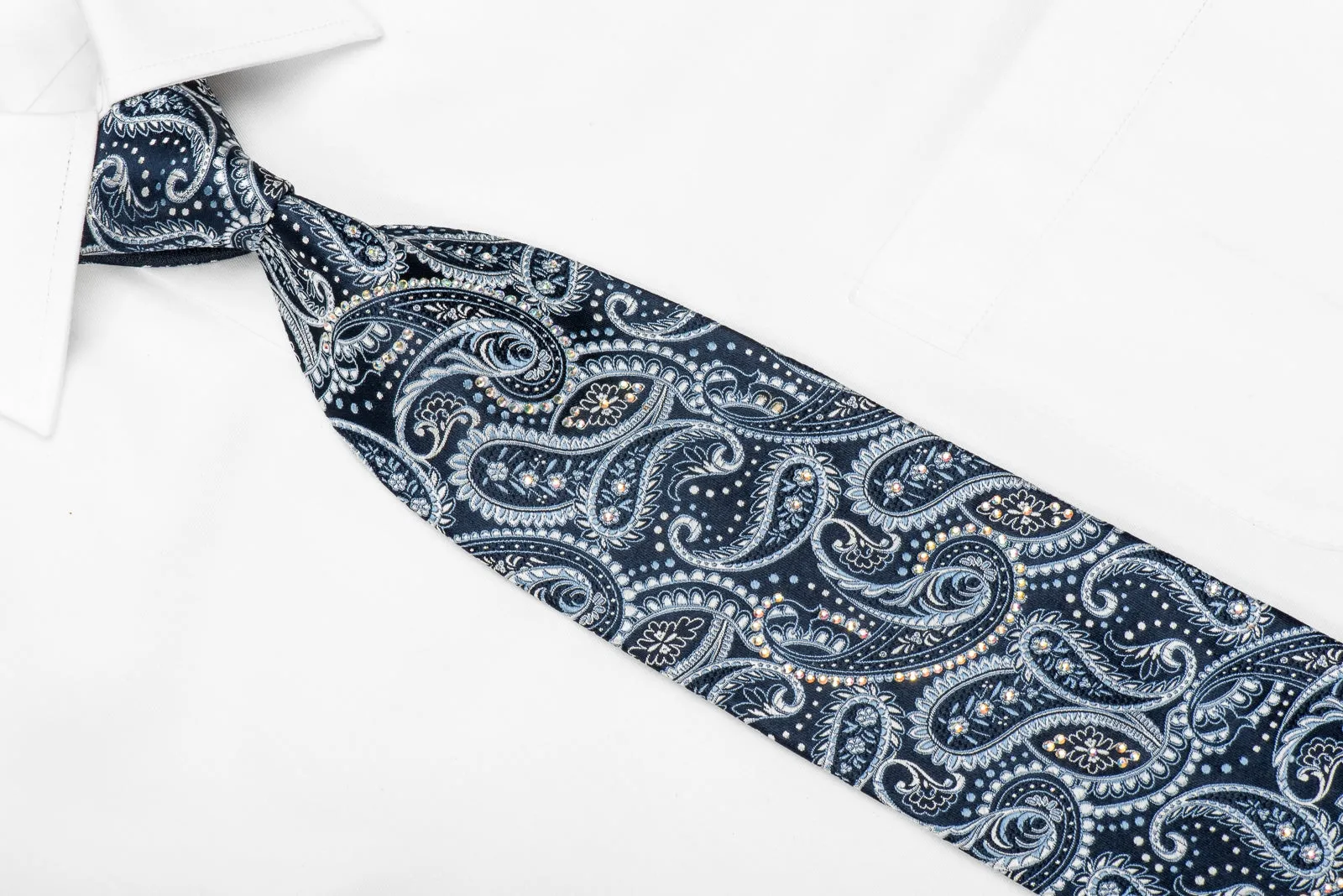 Ungaro Men's Crystal Silk Necktie Paisley On Blue Sparkling With Rhinestones