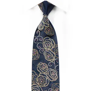 Ungaro Mens Crystal Silk Tie Blue Gold Roses Floral On Navy With Gold Sparkles