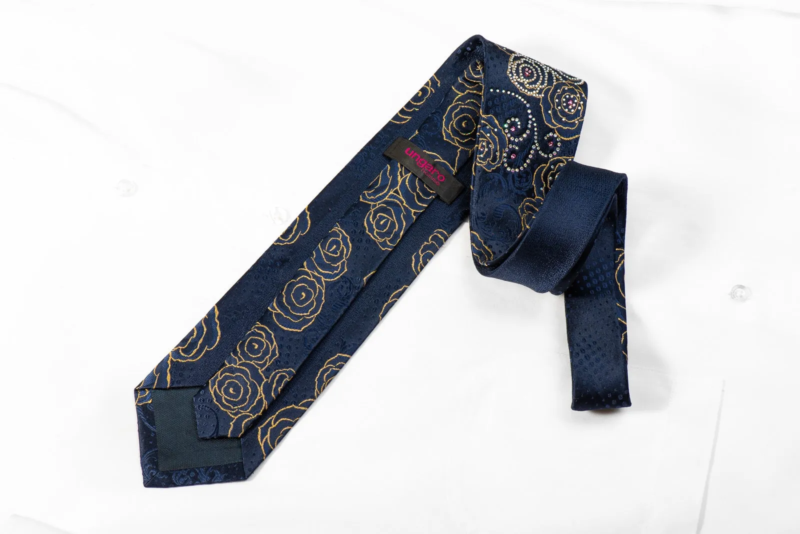 Ungaro Mens Crystal Silk Tie Blue Gold Roses Floral On Navy With Gold Sparkles