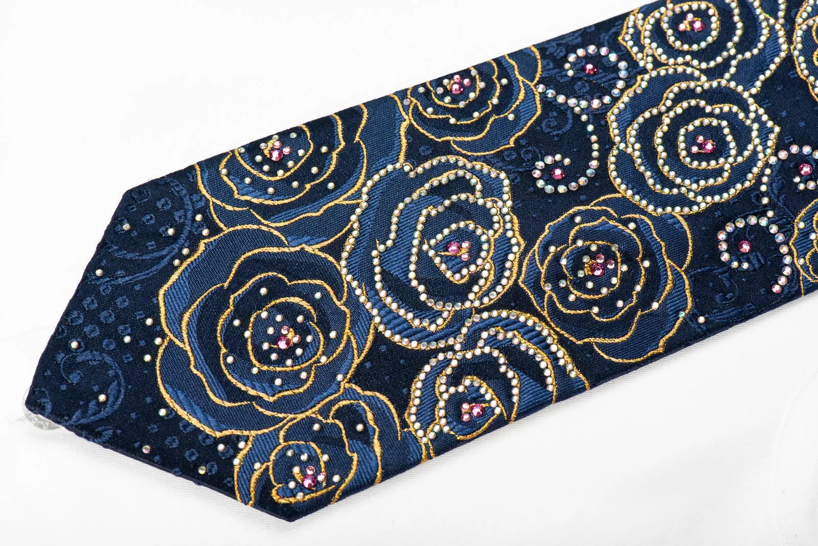 Ungaro Mens Crystal Silk Tie Blue Gold Roses Floral On Navy With Gold Sparkles