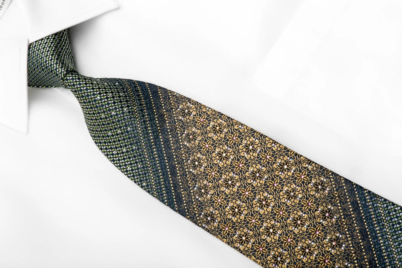 Ungaro Men's Crystal Tie Gold Mandala Green Geometric On Navy With Gold Sparkles