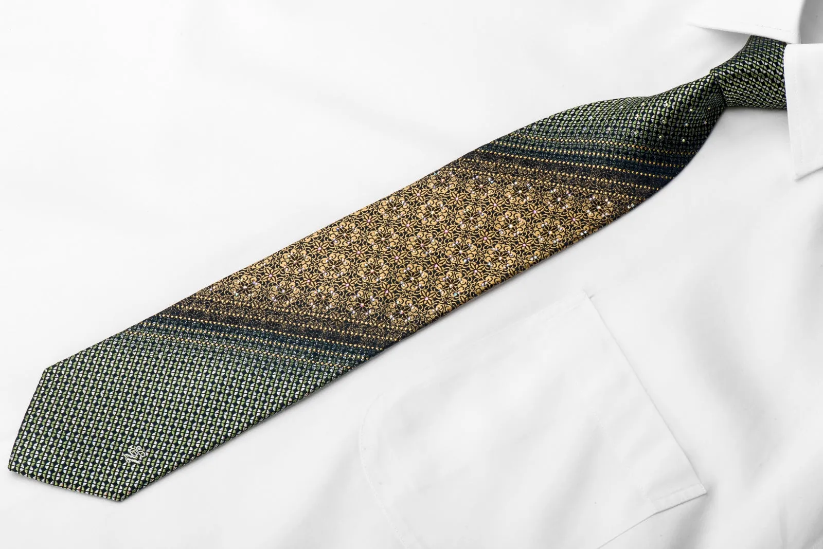 Ungaro Men's Crystal Tie Gold Mandala Green Geometric On Navy With Gold Sparkles