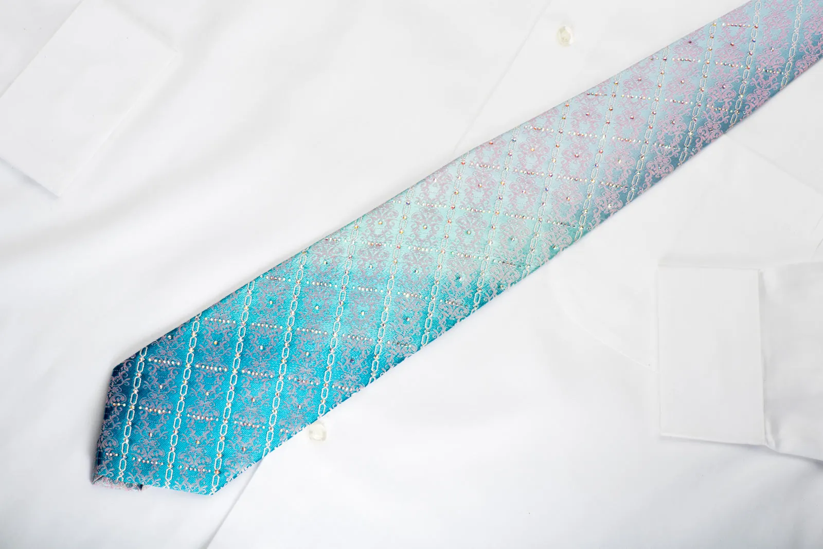 Ungaro Rhinestone Necktie Damask & Silver Chains On Turquoise With Sparkles