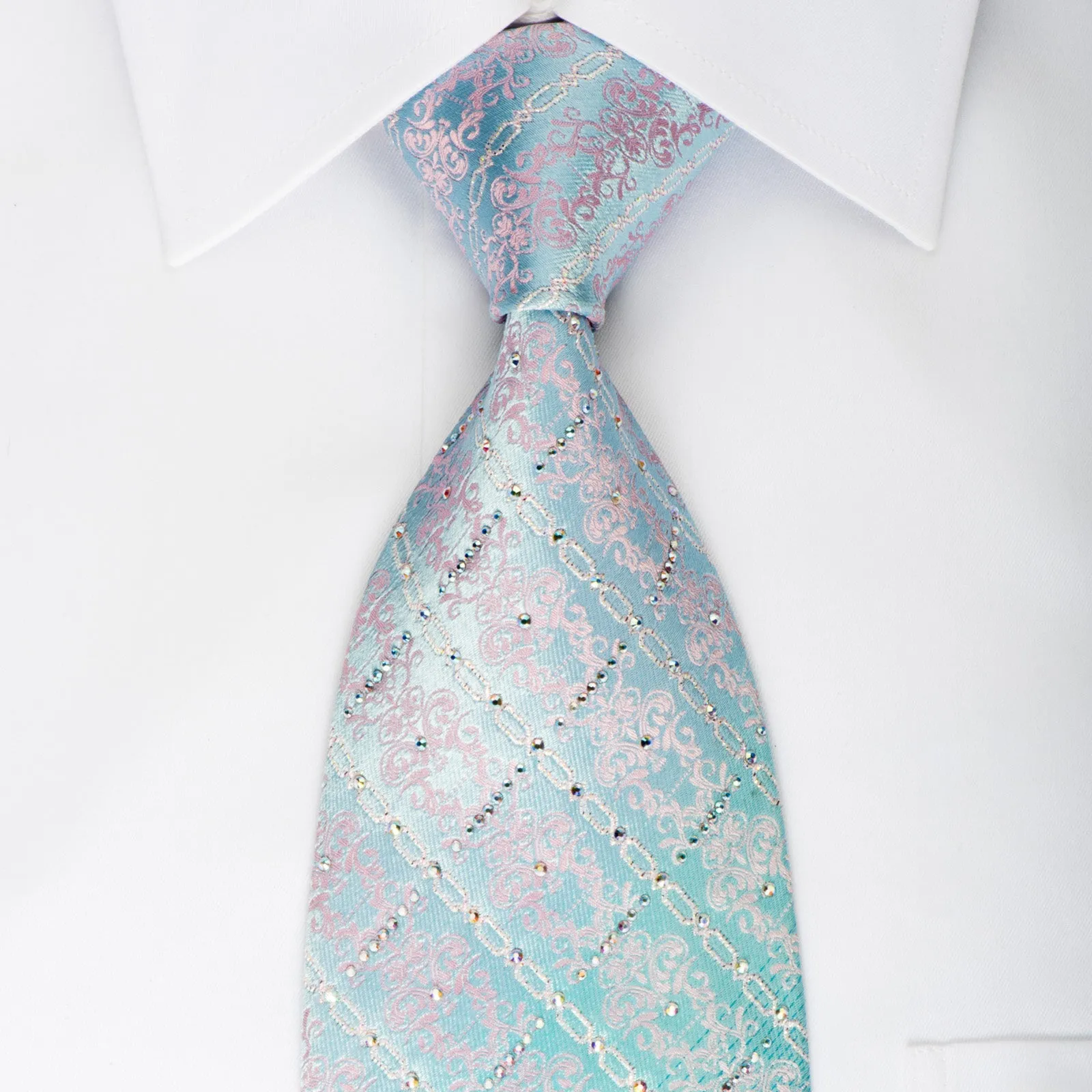 Ungaro Rhinestone Necktie Damask & Silver Chains On Turquoise With Sparkles