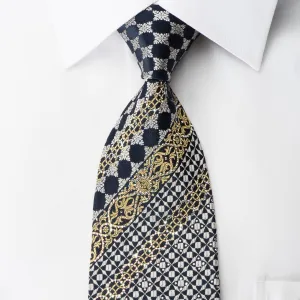 Ungaro Rhinestone Silk Necktie Gold Silver Cartouche On Navy With Gold Silver Sparkles