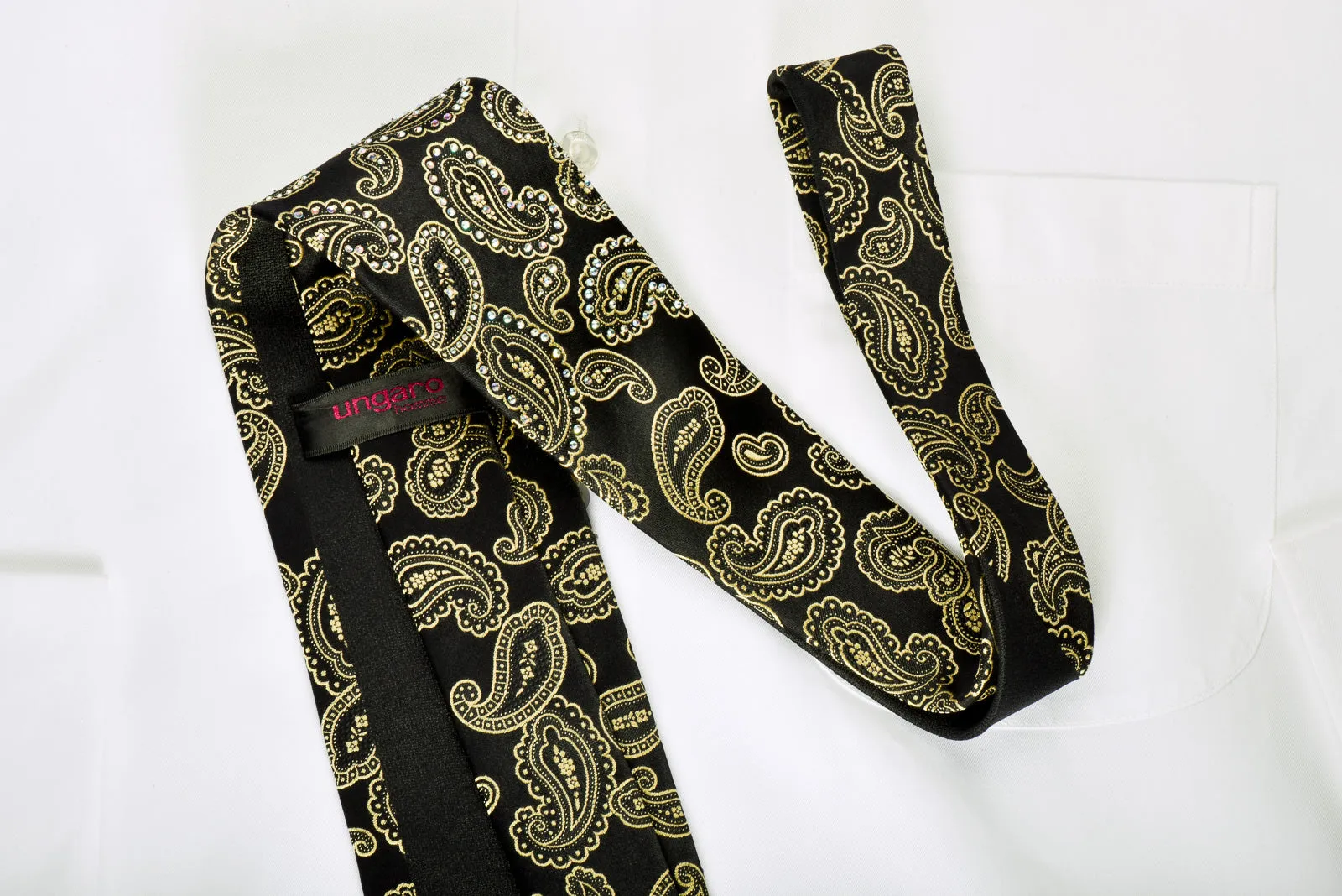 Ungaro Silk Necktie Golden Boteh Paisley On Black With Rhinestones