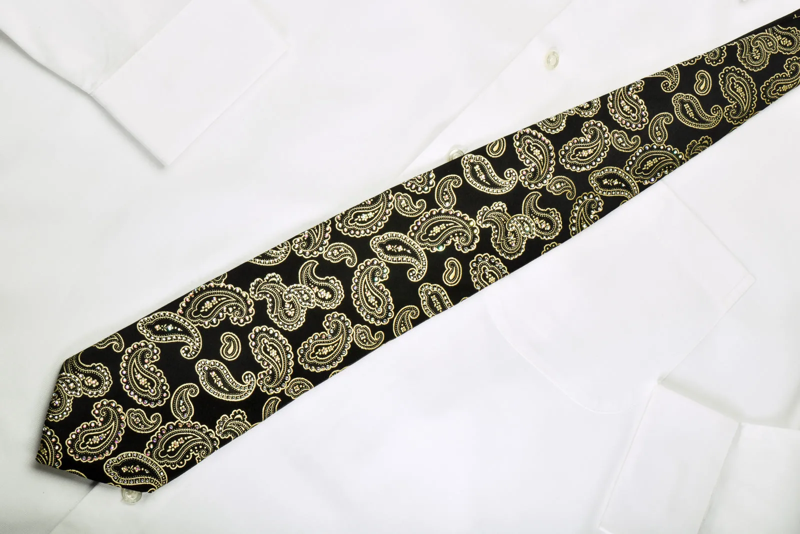 Ungaro Silk Necktie Golden Boteh Paisley On Black With Rhinestones