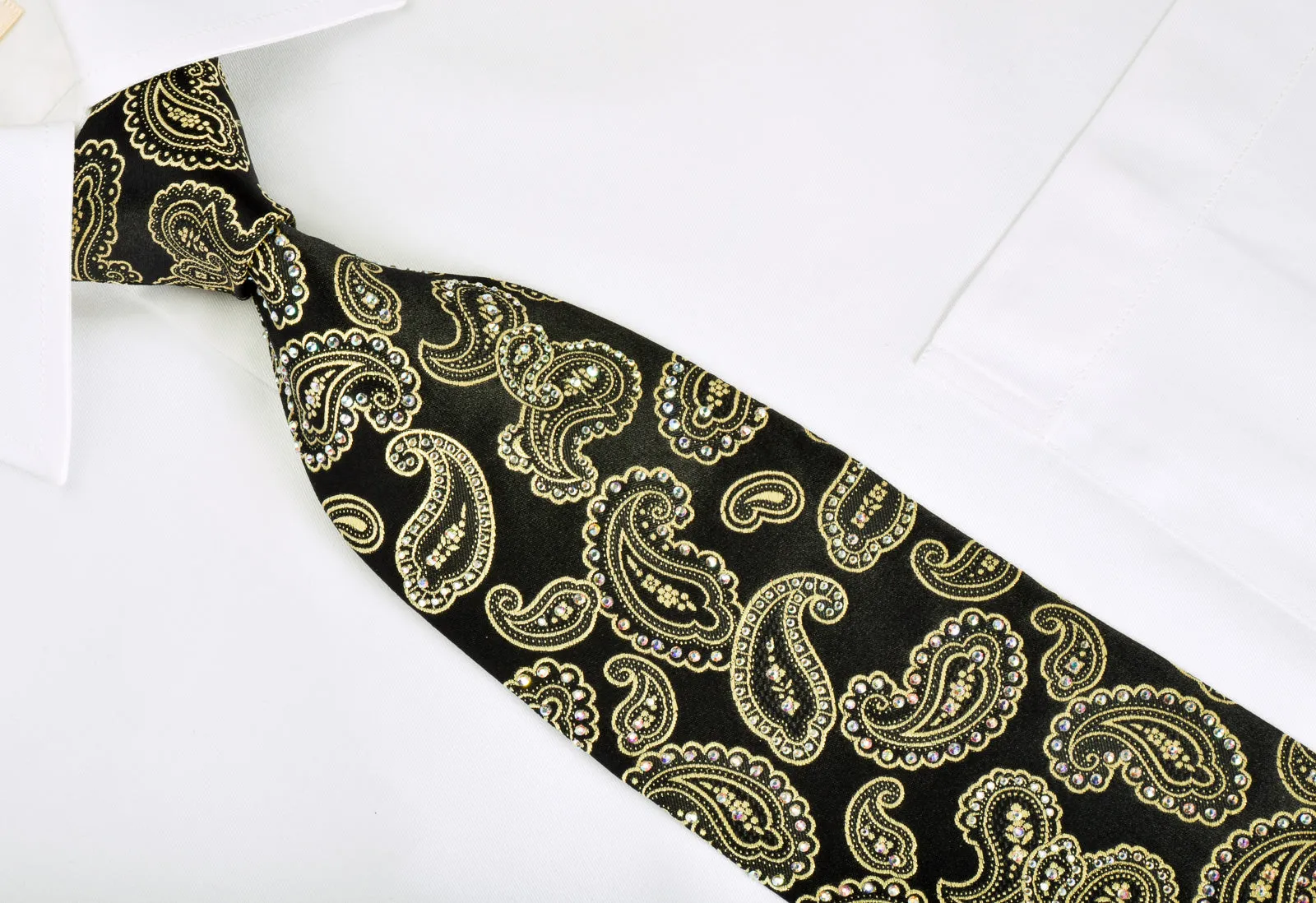 Ungaro Silk Necktie Golden Boteh Paisley On Black With Rhinestones