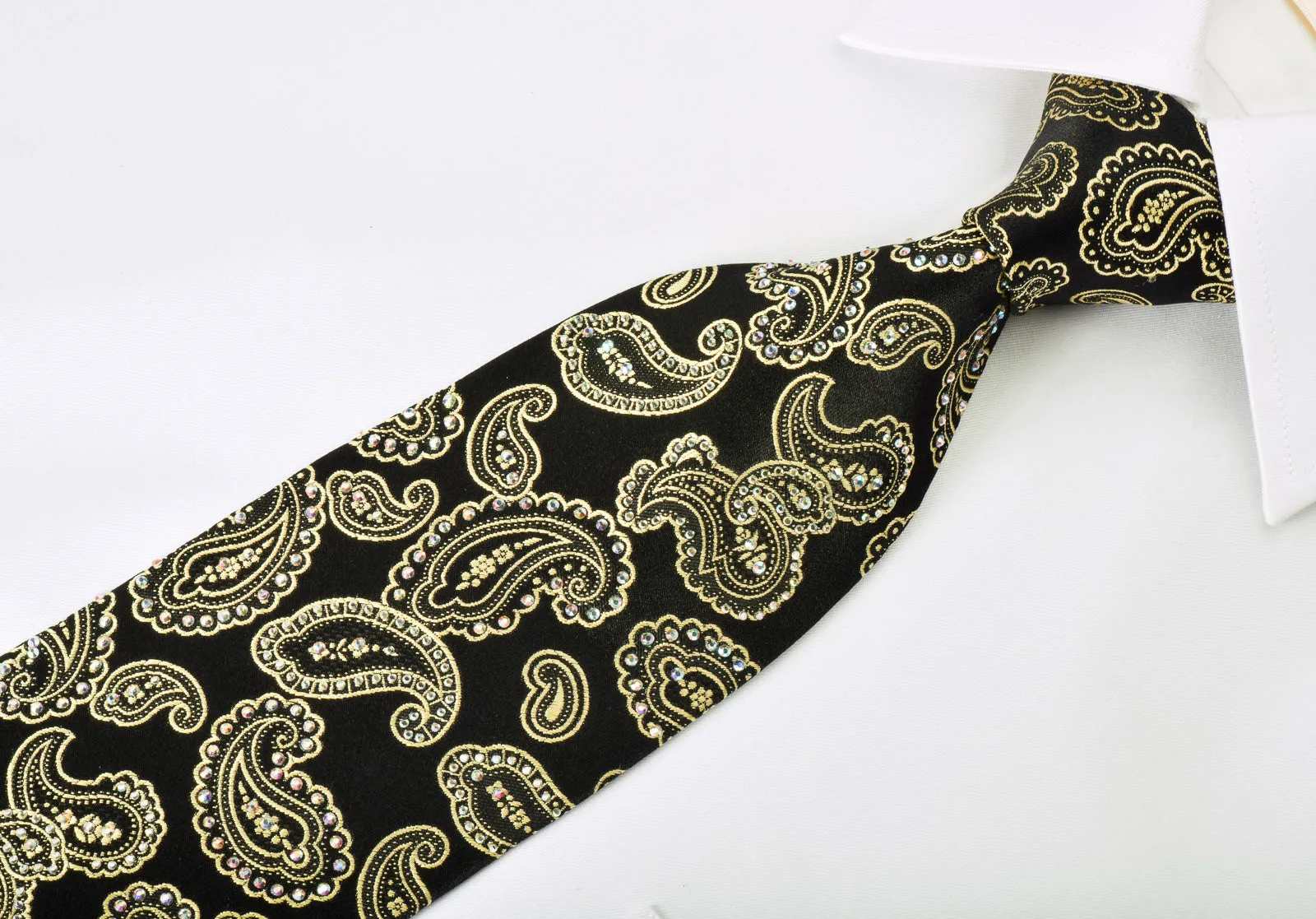 Ungaro Silk Necktie Golden Boteh Paisley On Black With Rhinestones