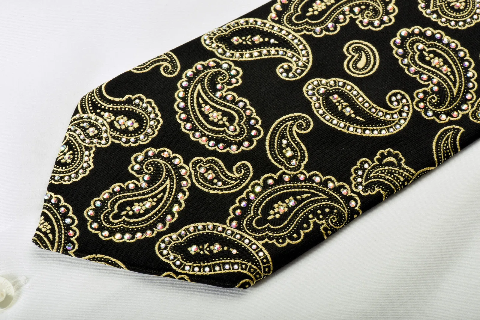 Ungaro Silk Necktie Golden Boteh Paisley On Black With Rhinestones