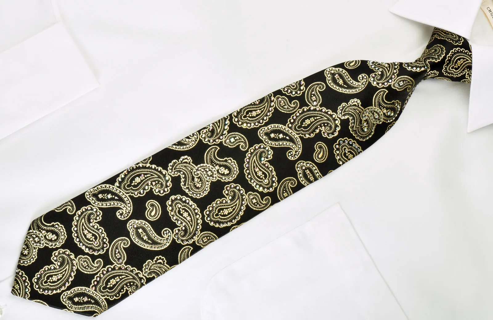 Ungaro Silk Necktie Golden Boteh Paisley On Black With Rhinestones