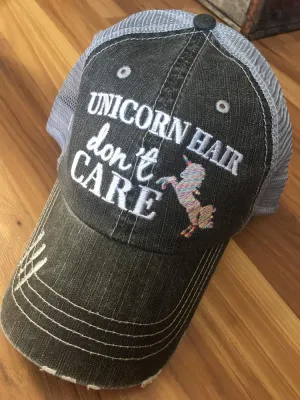 Unicorn hats | Unicorn hair dont care | Embroidered gray womens kids distressed trucker caps