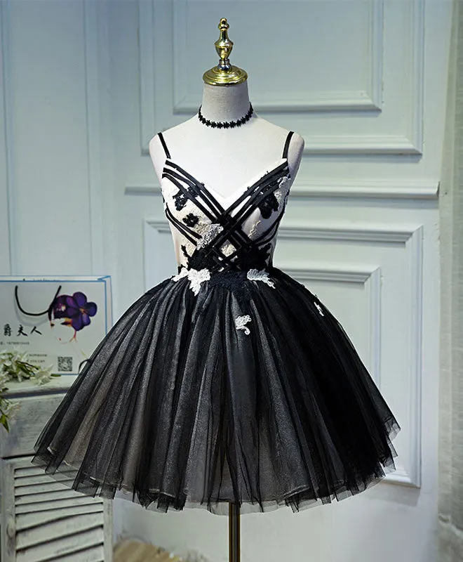 Unique Black Tulle Short Prom Dress, Black Homecoming Dresses