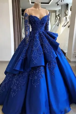 Unique Blue Lace Long Prom Dress Blue Long Evening Dress