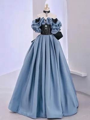 Unique Blue Prom Dress Off Shoulder Satin Lace Long Evening Dresses