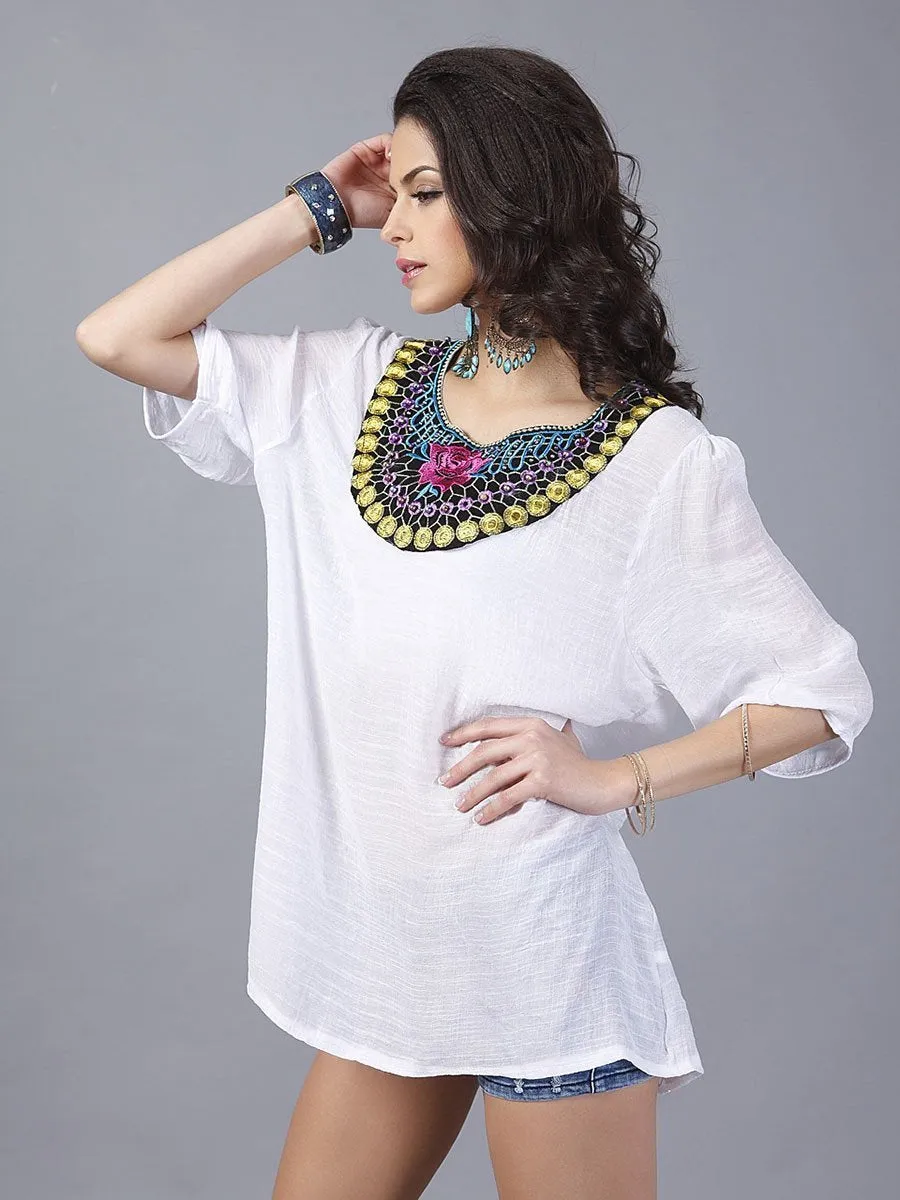 Unique Bohemia Half Sleeve Embroidery Blouse Tops