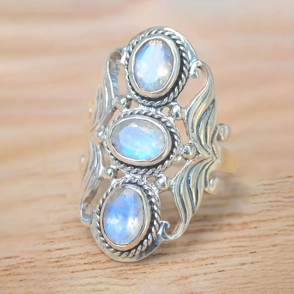 Unique Boho Style Egg Shape Gemstone Silver Plated Ring