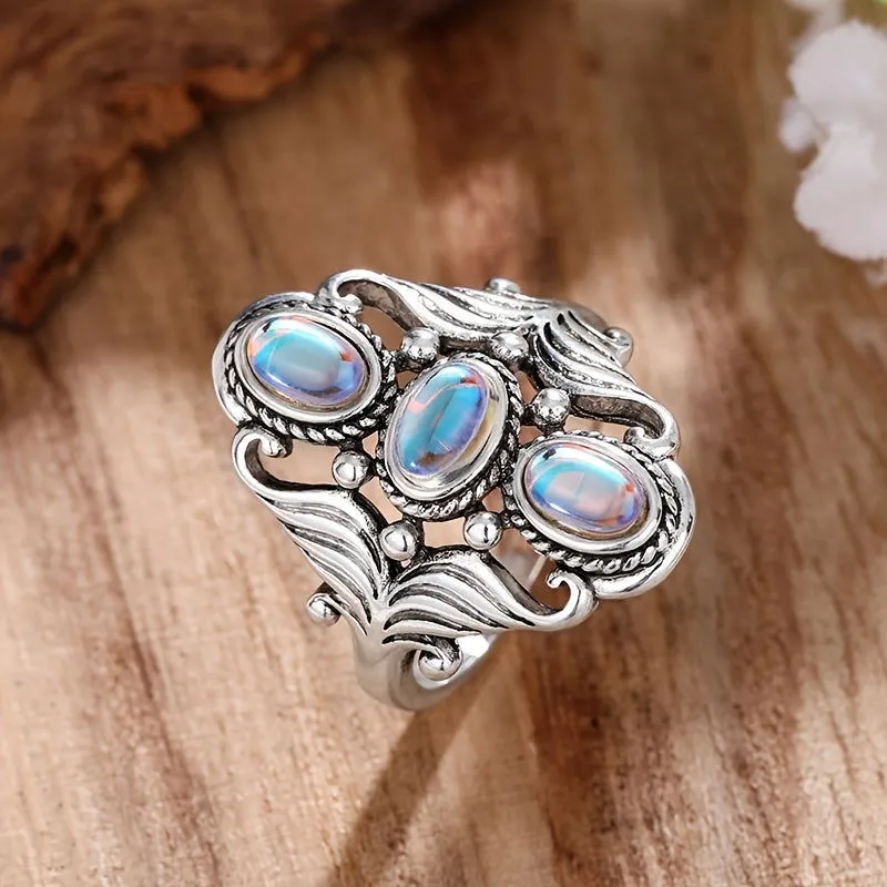 Unique Boho Style Egg Shape Gemstone Silver Plated Ring