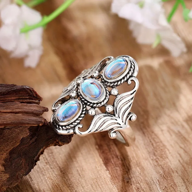 Unique Boho Style Egg Shape Gemstone Silver Plated Ring