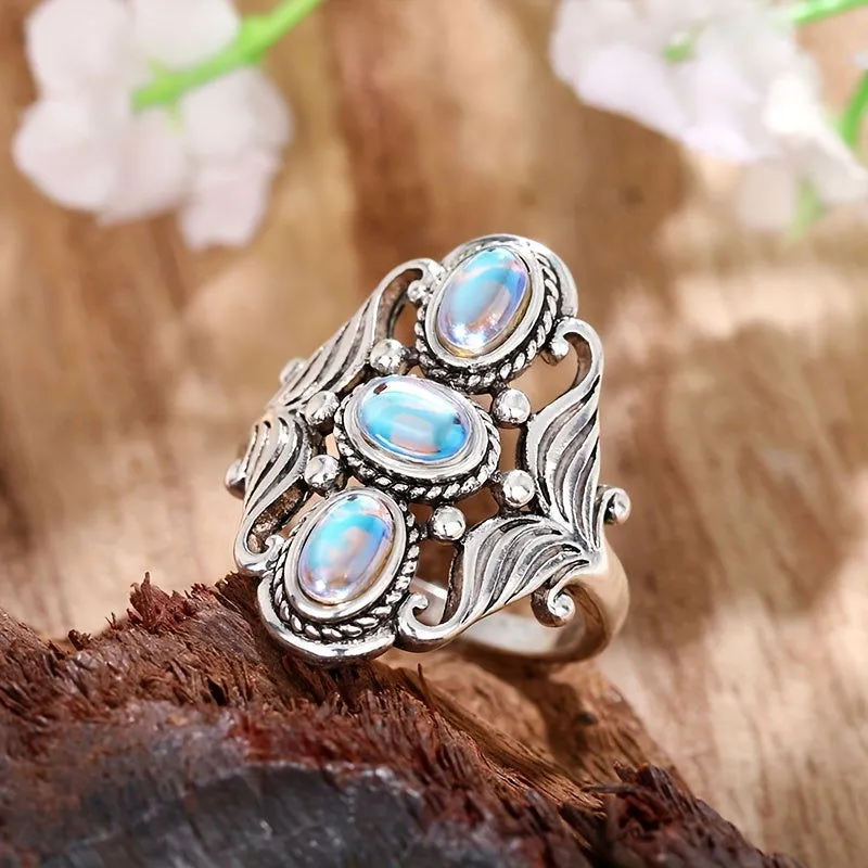 Unique Boho Style Egg Shape Gemstone Silver Plated Ring