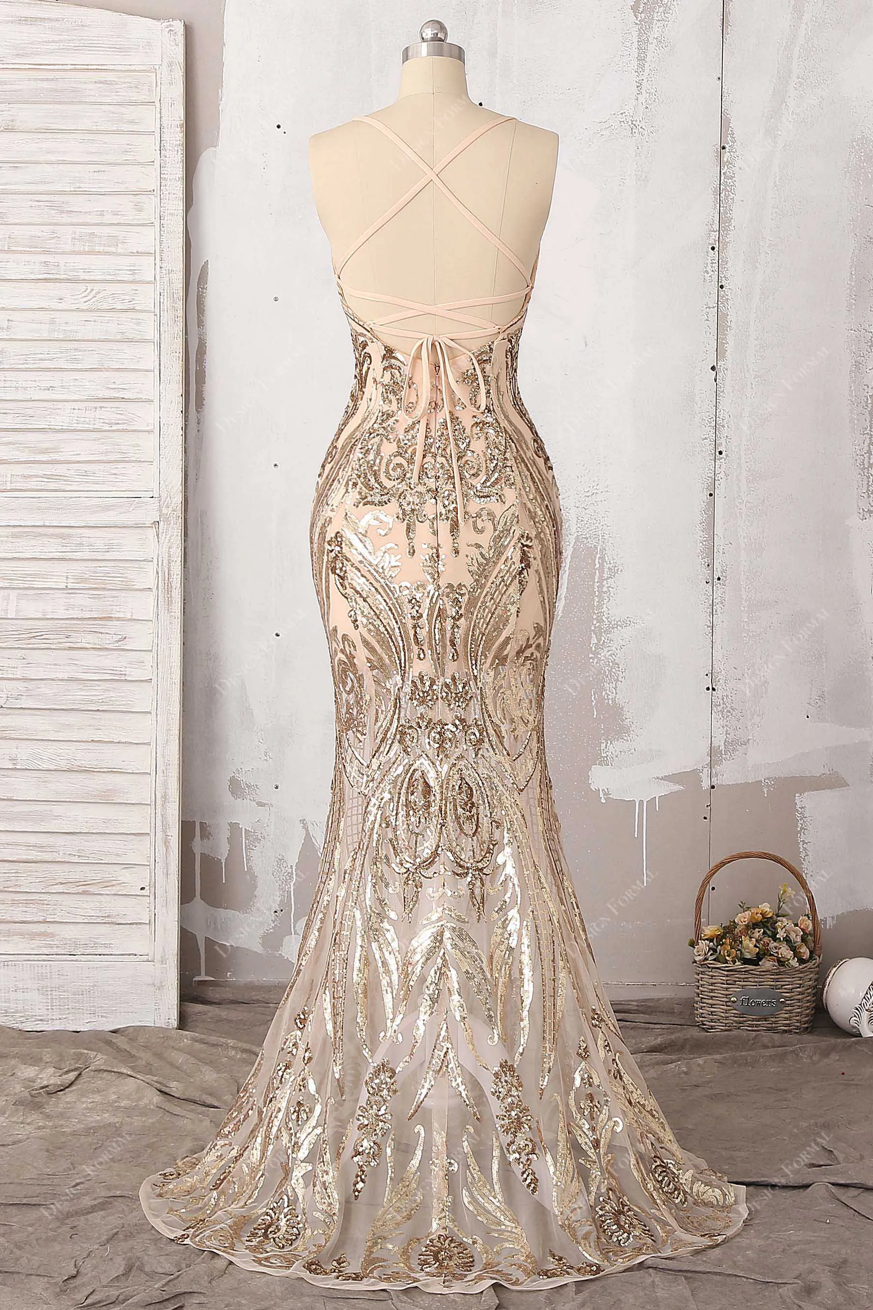 Unique Gold Sequin V-neck Mermaid  Long Prom Dress