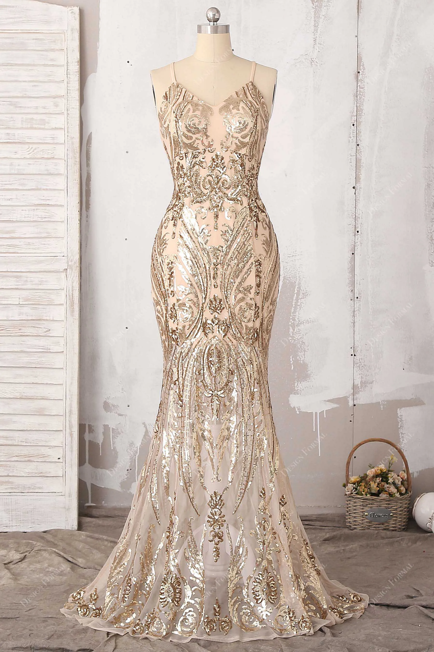 Unique Gold Sequin V-neck Mermaid  Long Prom Dress