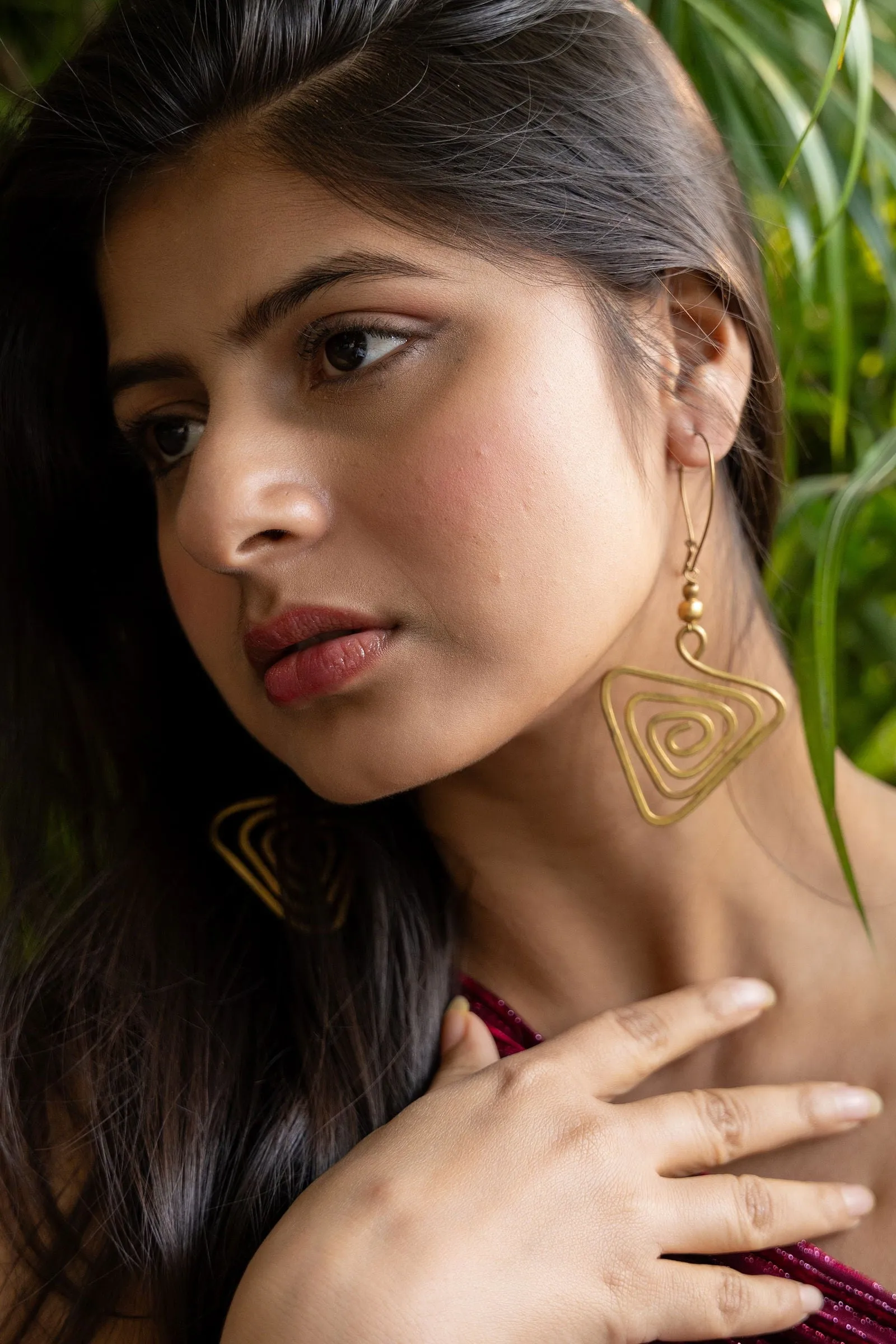 Unique Handmade Dokra Brass Triangular Spiral Earrings - Artistry with Intricate Design