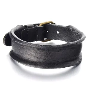 Unique Leather Bracelet for Mens Genuine Black Leather Bangle with Buckle Clasp