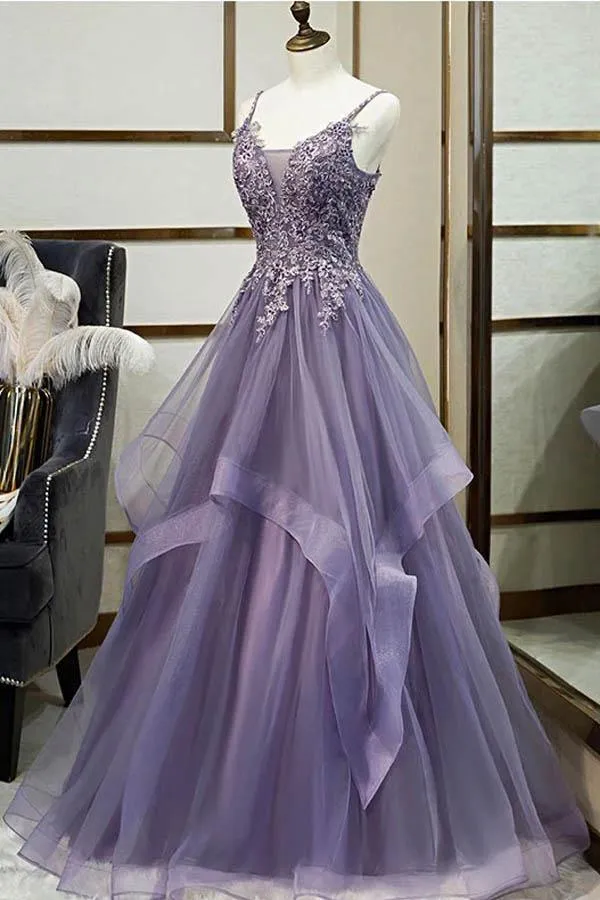 Unique Long Tulle Spaghetti Straps Layered Prom Dress With Lace Applique  PSK017