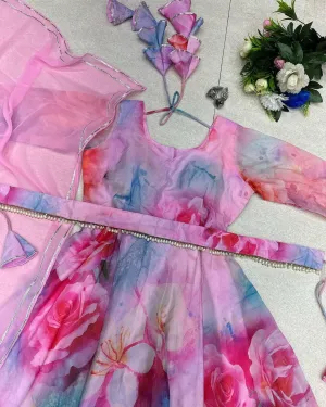 Unique Organza Silk Pink With Multi Color Gown