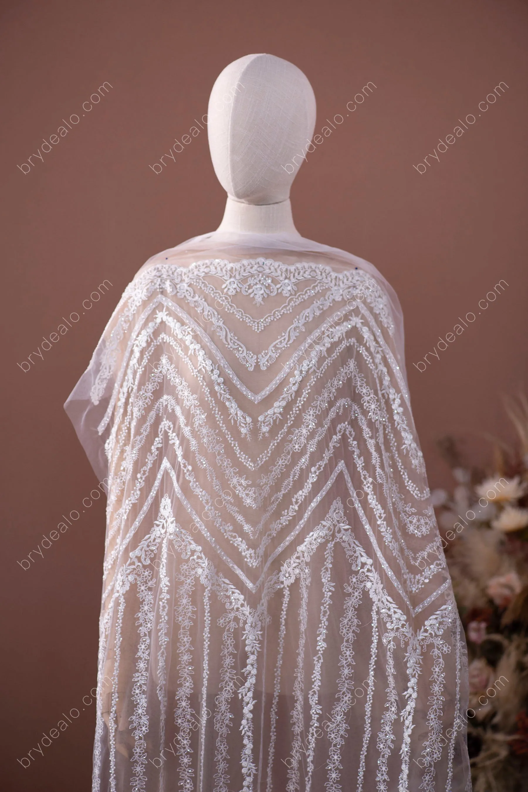 Unique Shimmery Sequin Double Border Line Lace Fabric