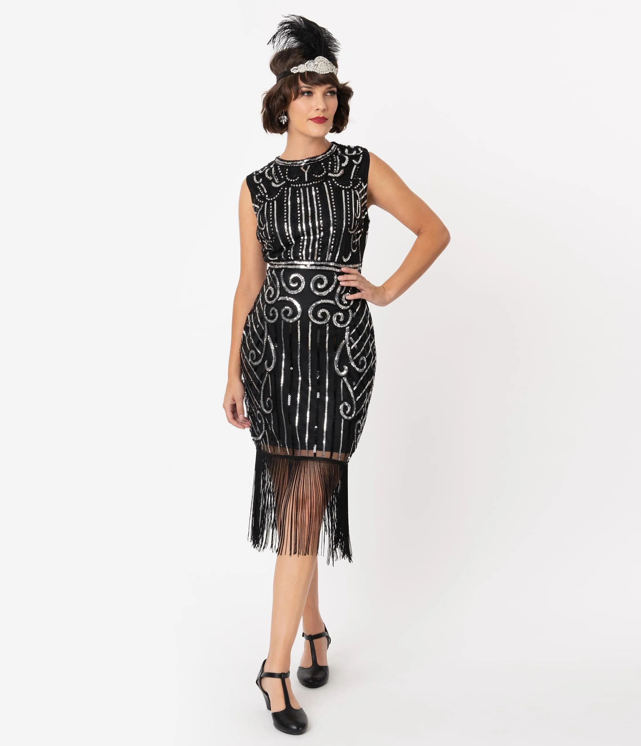 Unique Vintage 1920s Style Black & Silver Beaded Avignon Flapper Dress