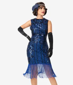 Unique Vintage 1920s Style Blue & Black Beaded Avignon Flapper Dress